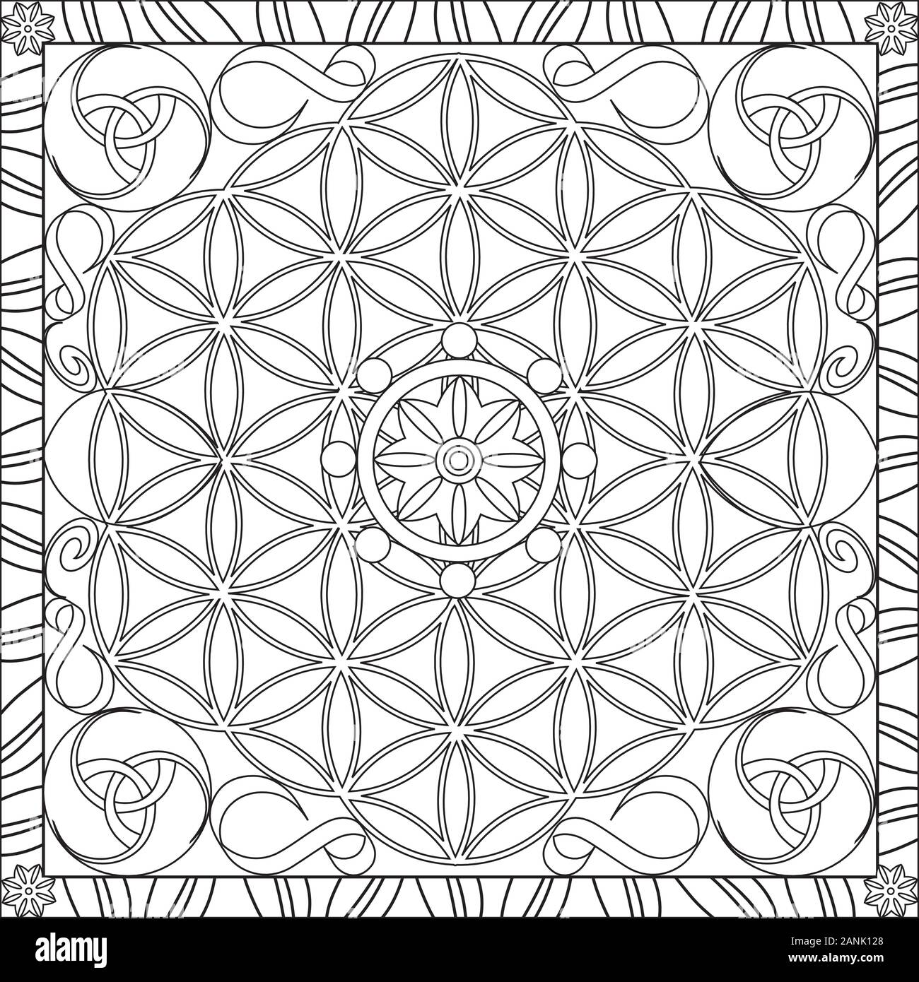 Coloring Page Illustration in Square Format - Mandala Flower of Life Wheel - De-Stress and Relax - Black and White Stock Vector
