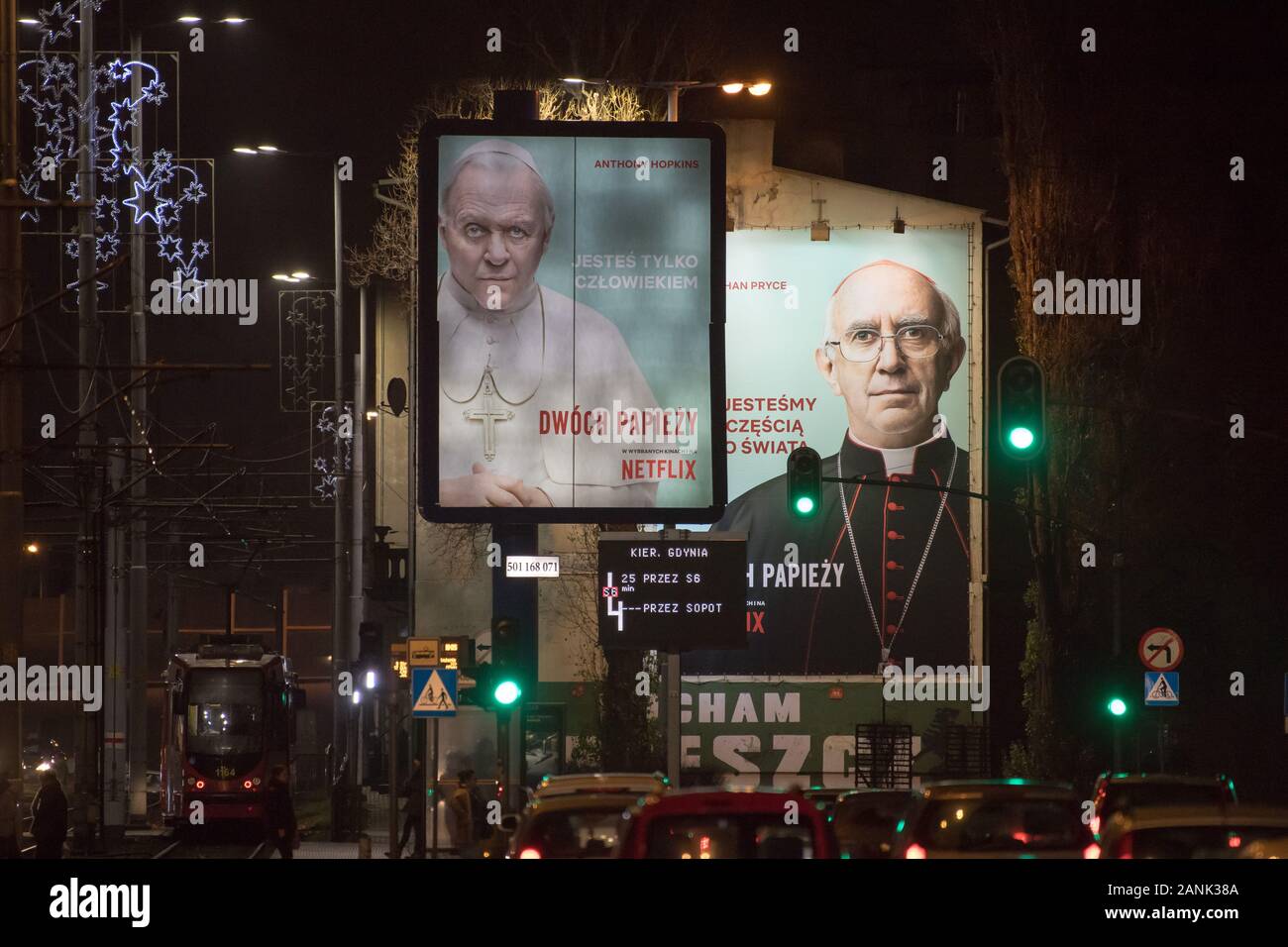 Bilboard with Anthony Hopkins as pope Benedict XVI and Jonathan Pryce as Cardinal Jorge Mario Bergoglio future pope Francis the main characters of The Stock Photo