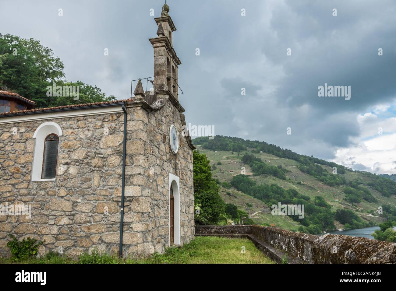 Church with mountains in the background Stock Photo