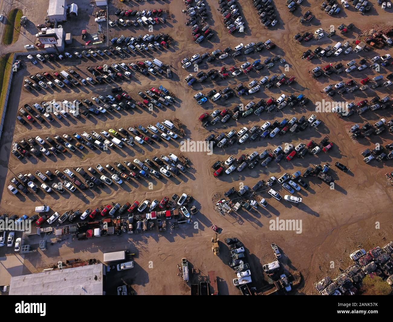 Drone aerial auto car junk yard near Great Miami River Ohio Stock Photo