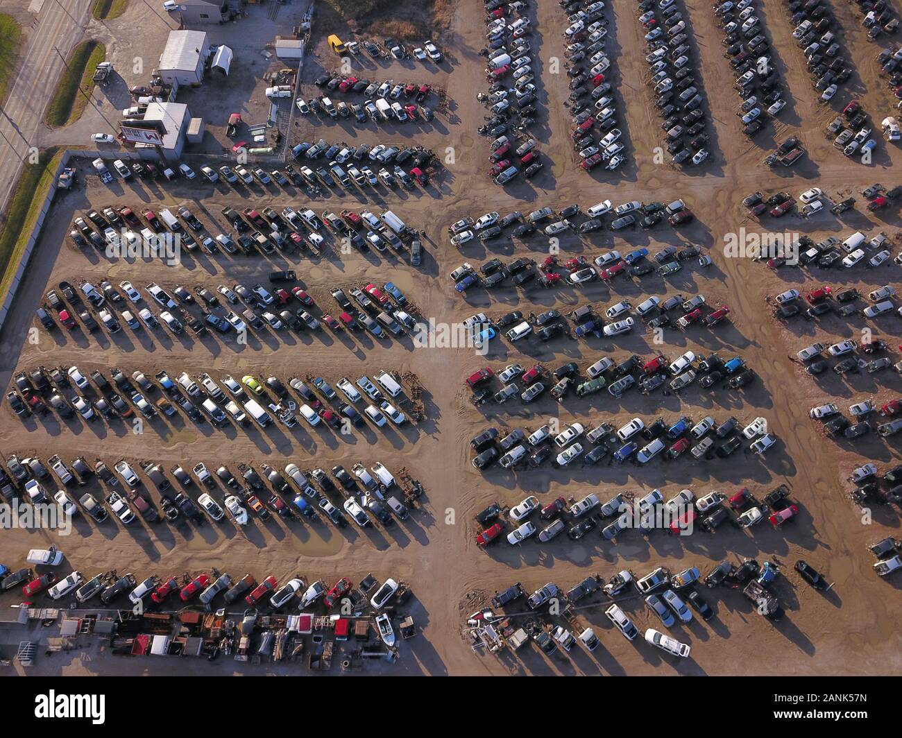 Drone aerial auto car junk yard near Great Miami River Ohio Stock Photo