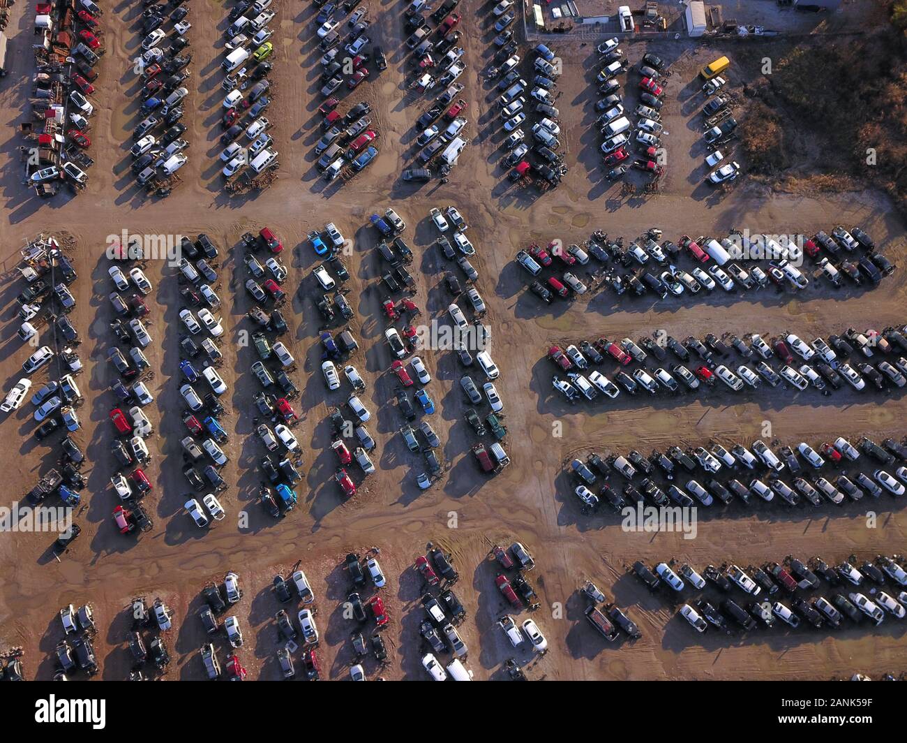 Drone aerial auto car junk yard near Great Miami River Ohio Stock Photo