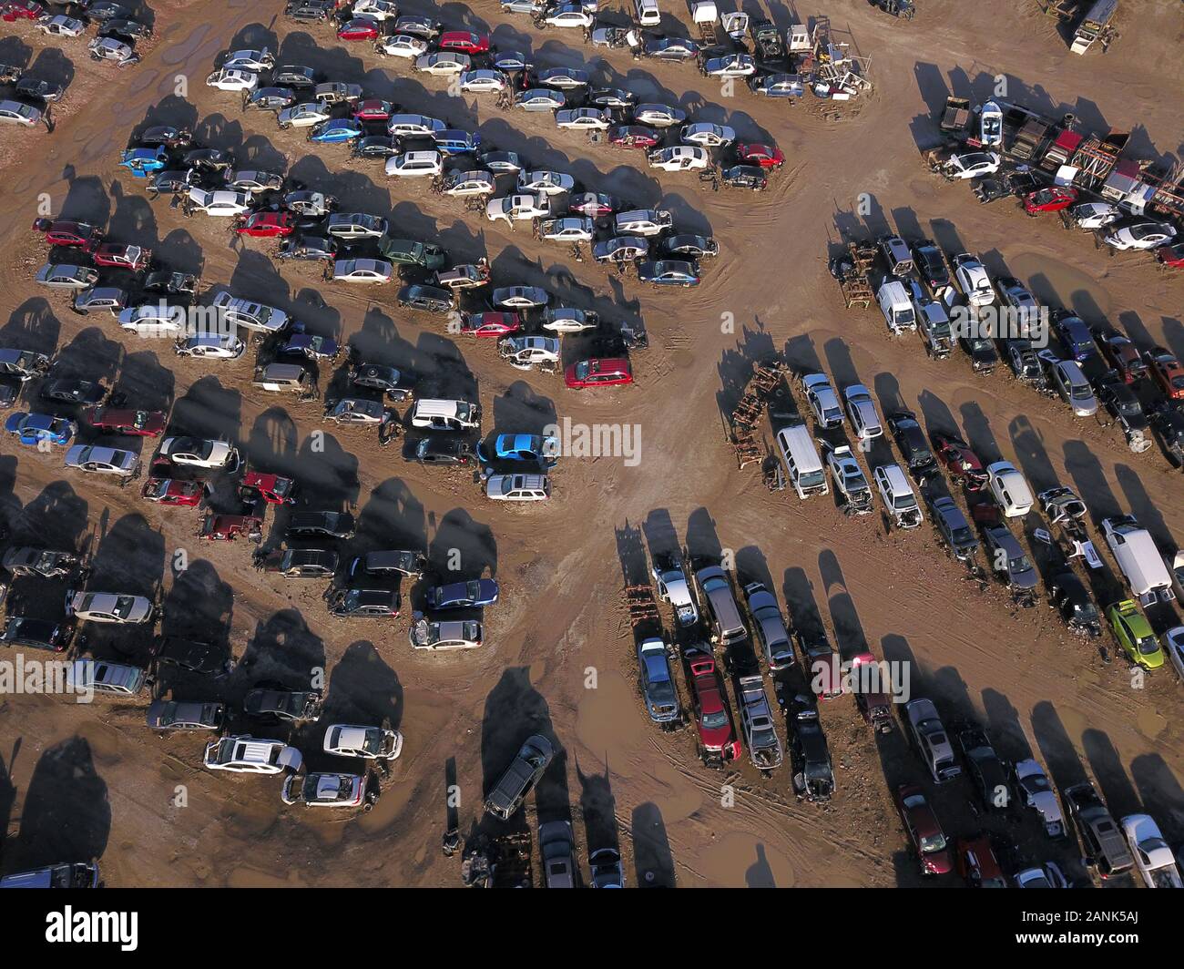 Drone aerial auto car junk yard near Great Miami River Ohio Stock Photo