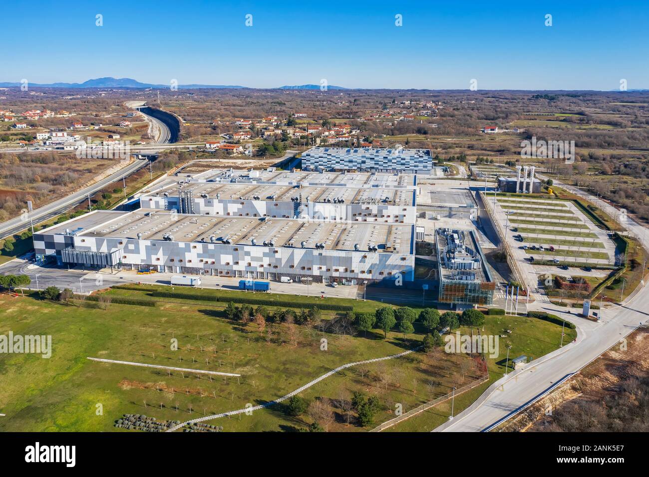 KANFANAR, CROATIA - JANUARY 12, 2020: An aerial shot of modern British American Tobacco factory in Kanfanar, Istria, Croatia Stock Photo