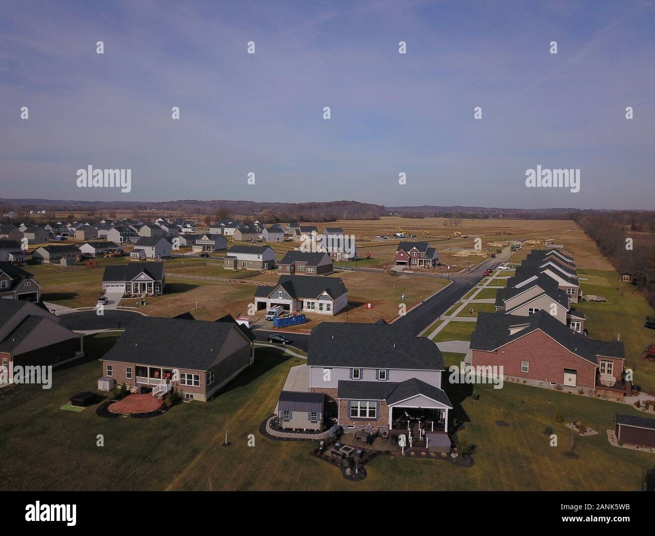 drone aerial Home neighborhood construction in converted farm field Ohio Stock Photo