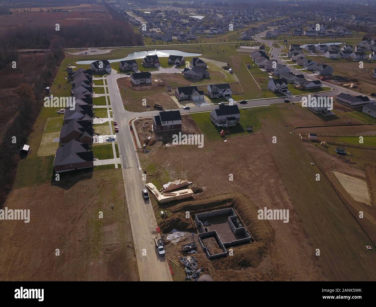 drone aerial Home neighborhood construction in converted farm field Ohio Stock Photo