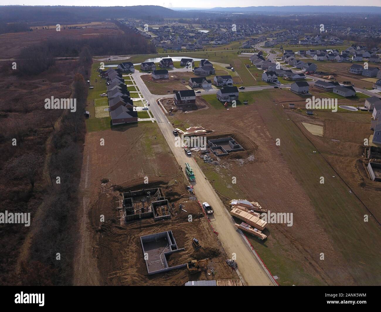 drone aerial Home neighborhood construction in converted farm field Ohio Stock Photo