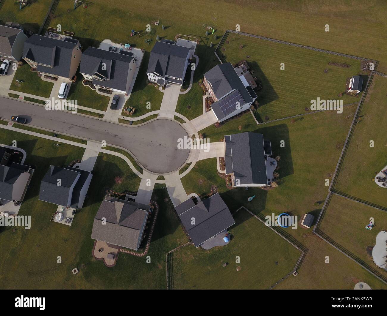drone aerial Home neighborhood construction in converted farm field Ohio Stock Photo
