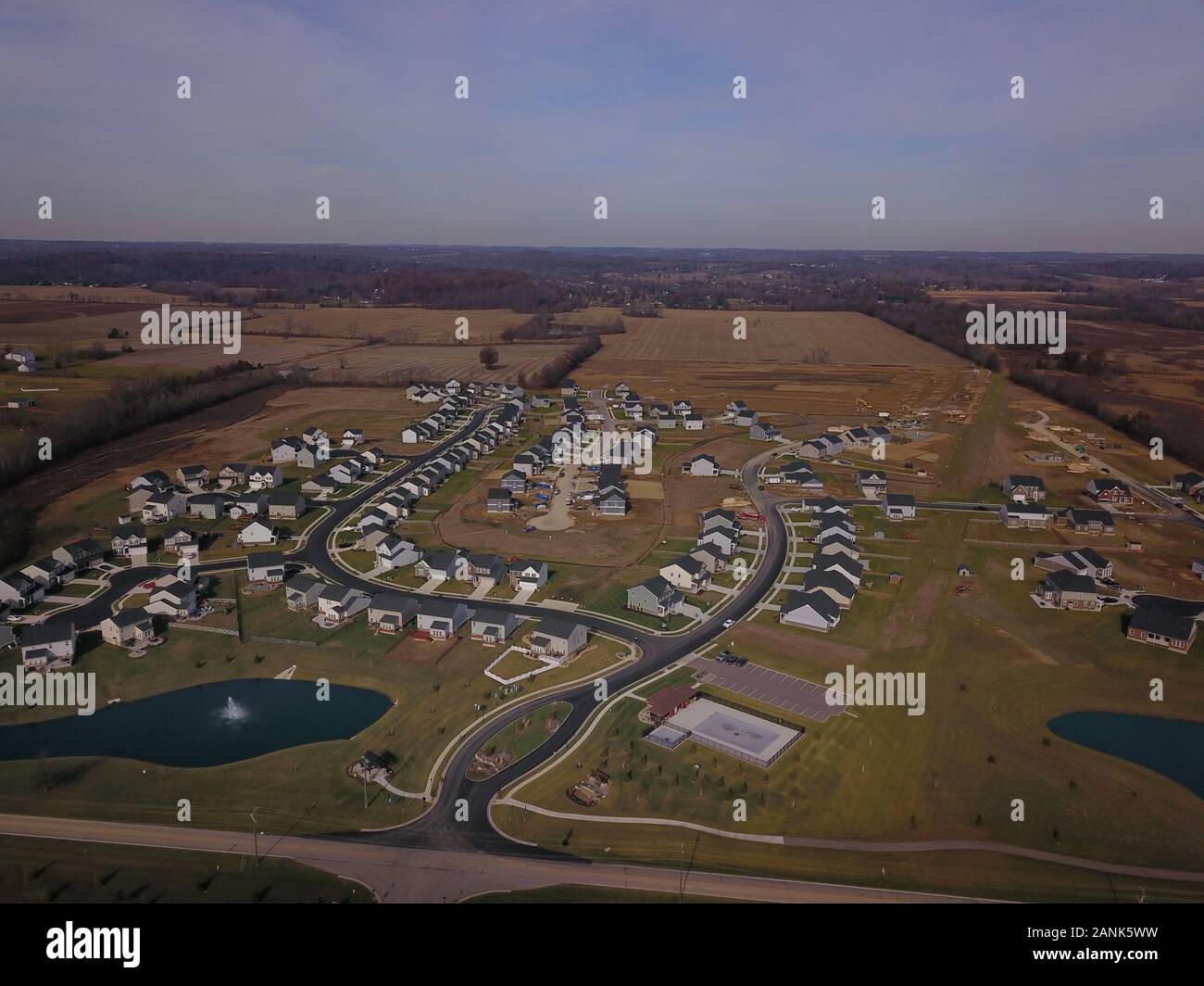 drone aerial Home neighborhood construction in converted farm field Ohio Stock Photo