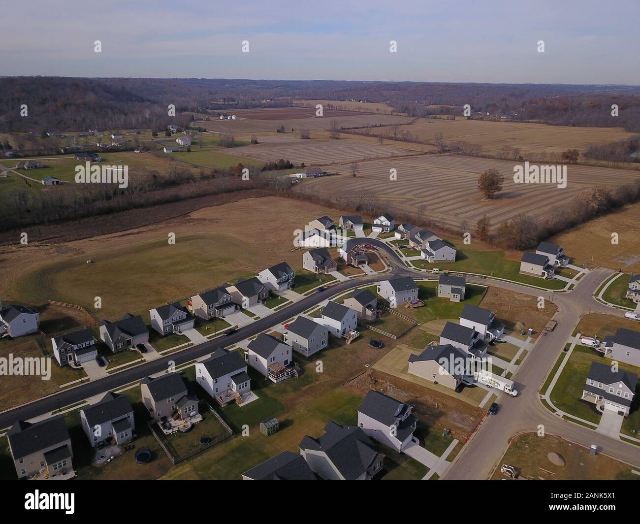 drone aerial Home neighborhood construction in converted farm field Ohio Stock Photo