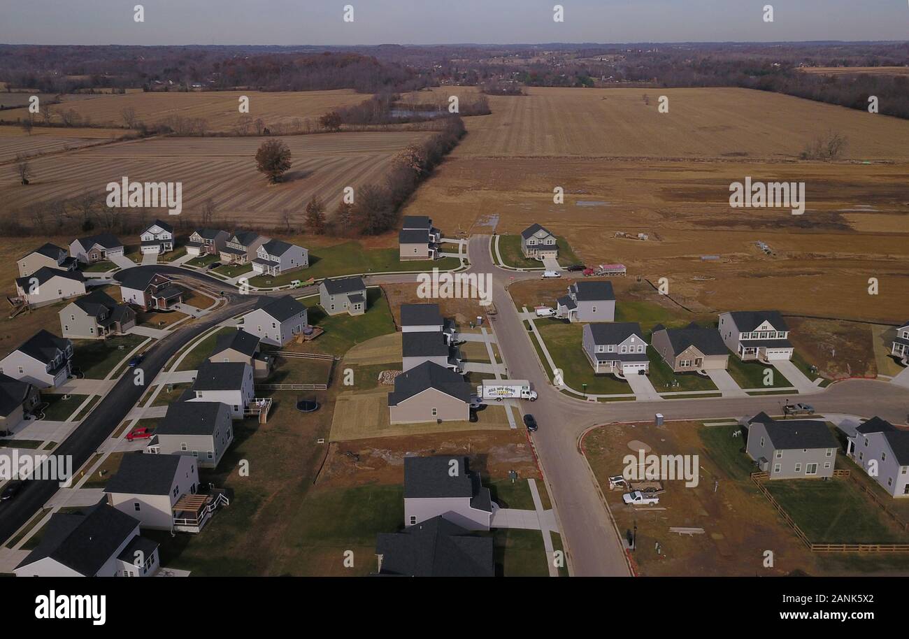 drone aerial Home neighborhood construction in converted farm field Ohio Stock Photo