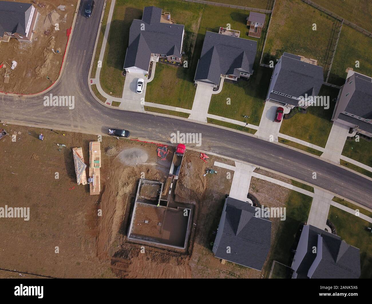 drone aerial Home neighborhood construction in converted farm field Ohio Stock Photo