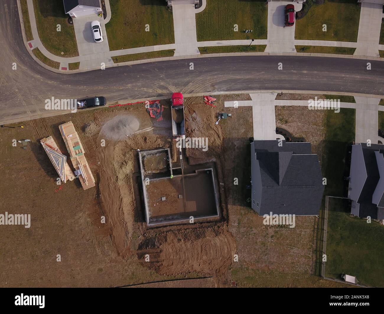 drone aerial Home neighborhood construction in converted farm field Ohio Stock Photo