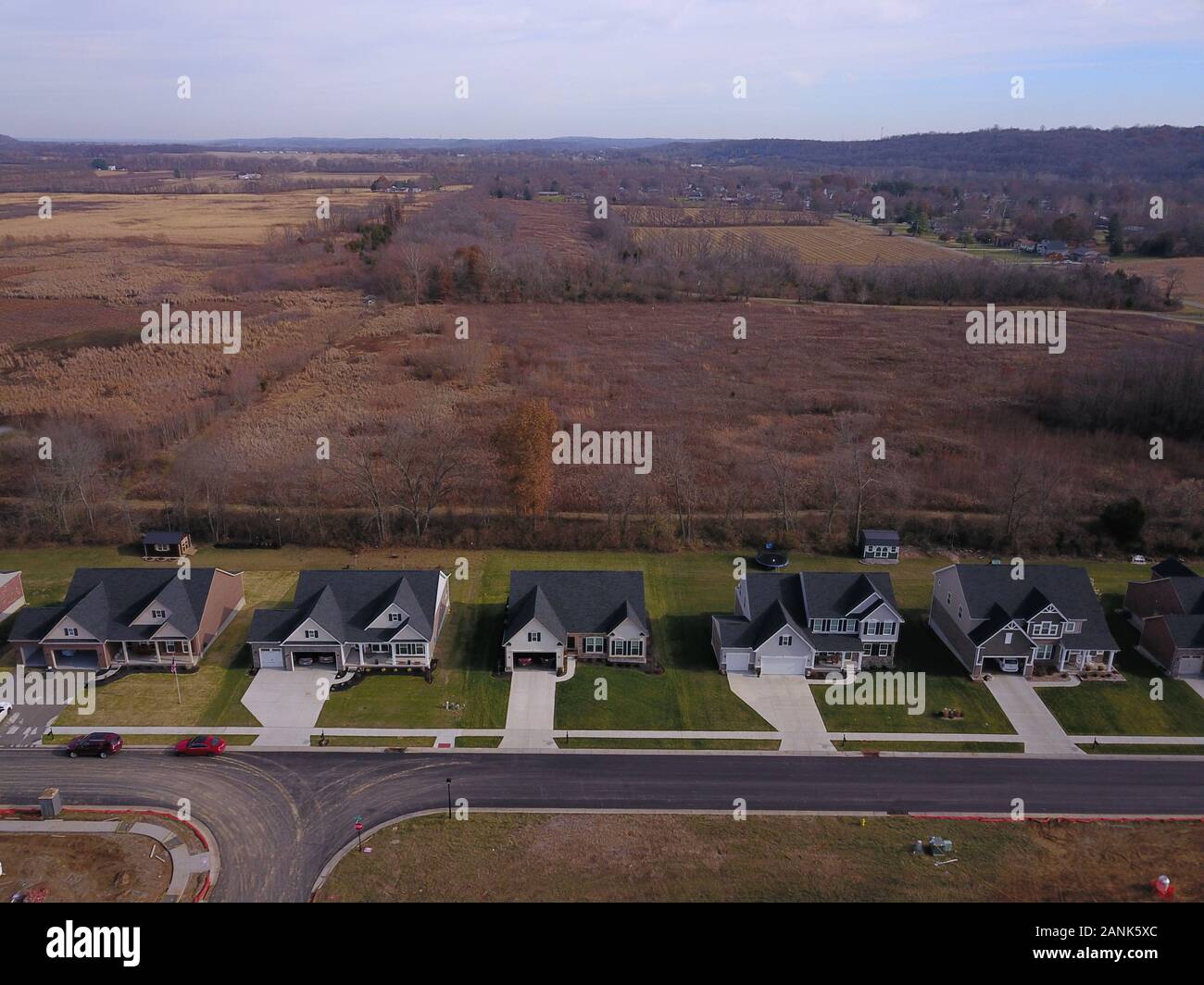 drone aerial Home neighborhood construction in converted farm field Ohio Stock Photo
