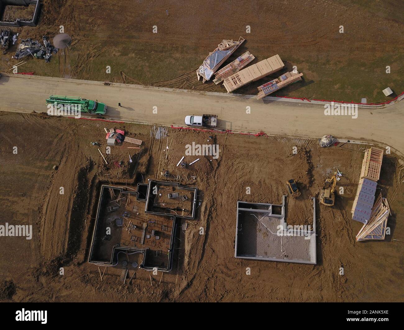 drone aerial Home neighborhood construction in converted farm field Ohio Stock Photo