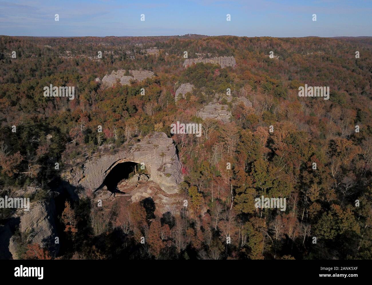 Drone aerial Natural Arch Kentucky USA A rock bridge Stock Photo