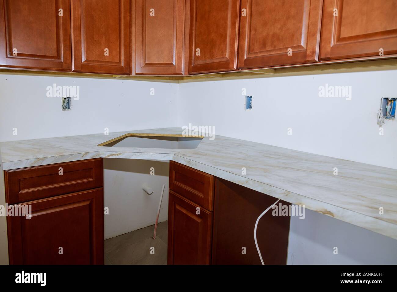 Installing A New Laminate Kitchen Counter Top Stock Photo