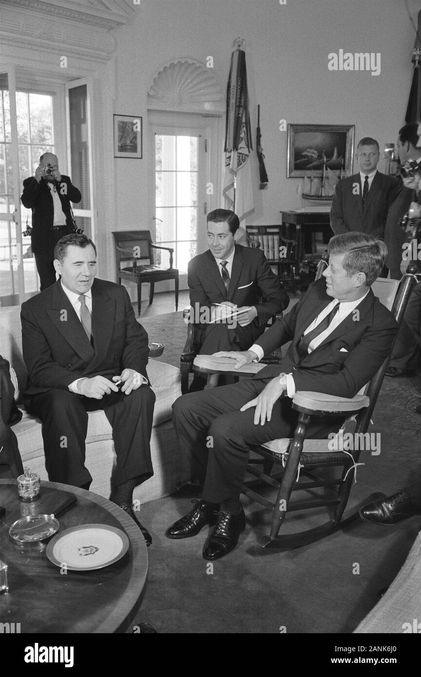 Andrei Gromyko, Soviet Minister of Foreign Affairs and President John F. Kennedy seated in the Oval Office, White House, Washington, D.C., USA, photograph by Warren K. Leffler, October 10, 1963 Stock Photo