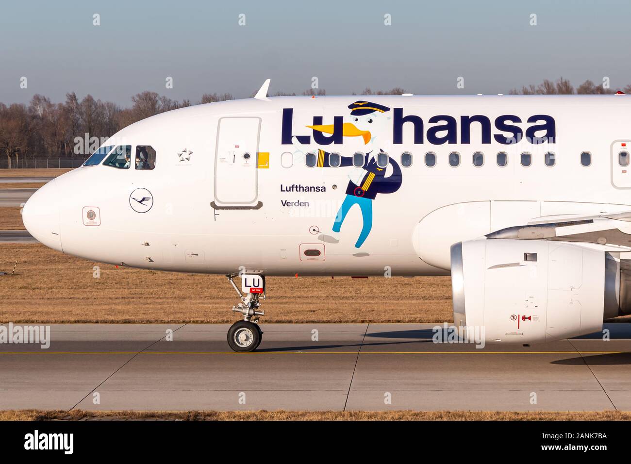 Munich, Germany - January 16, 2020: Lufthansa Airbus A319 airplane at Munich airport (MUC) in Germany. Airbus is an aircraft manufacturer from Toulous Stock Photo