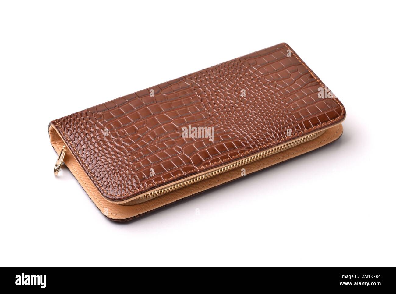Brown leather zip around purse isolated on white Stock Photo