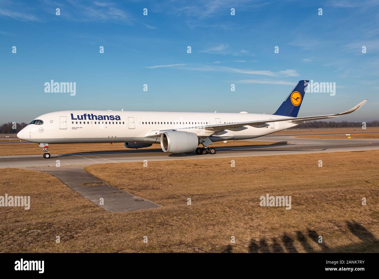 Munich, Germany - January 17, 2020: Lufthansa Airbus A350 airplane at Munich airport (MUC) in Germany. Airbus is an aircraft manufacturer from Toulous Stock Photo