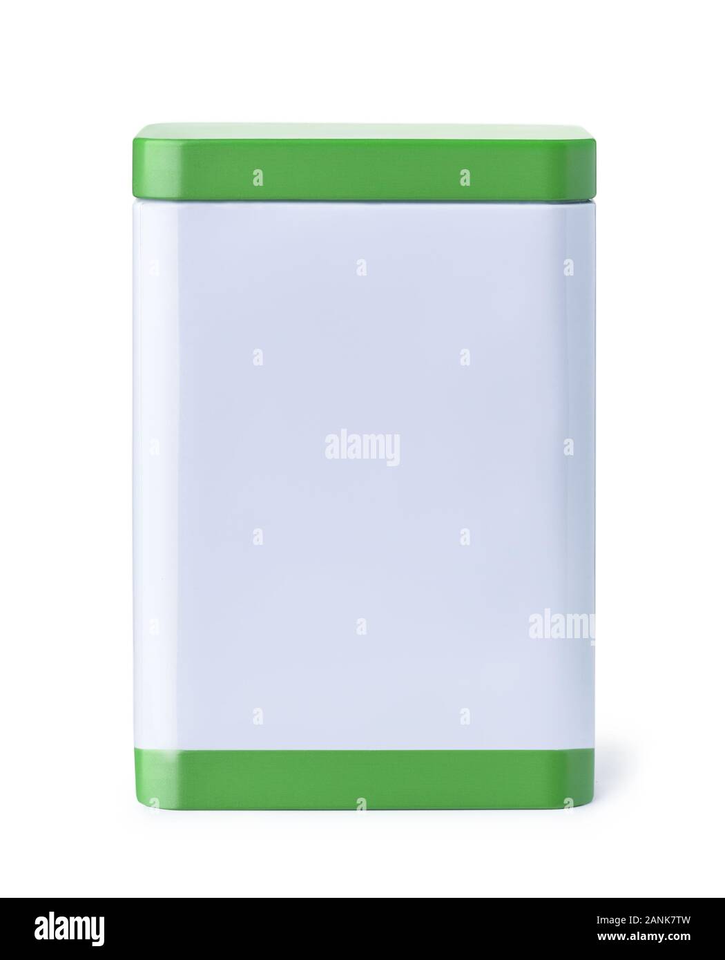 Front view of blank rectangular kitchen storage tin container isolated on white Stock Photo