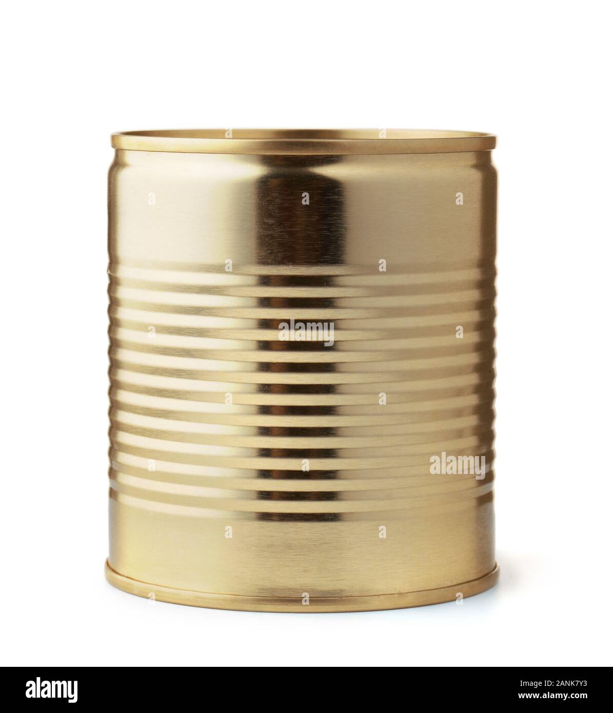 Front view of golden tin can isolated on white Stock Photo
