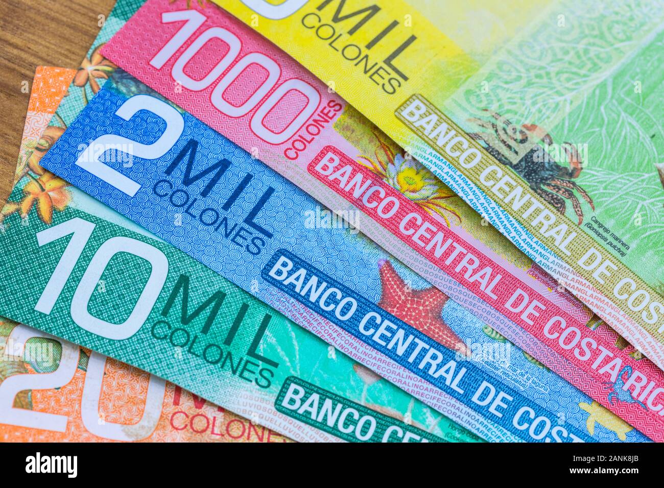 Costa Rican money, paper banknotes of a country from Central America