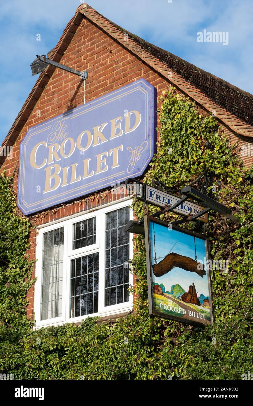 The Crooked Billet pub and pub sign near Hook, Hampshire, UK Stock Photo