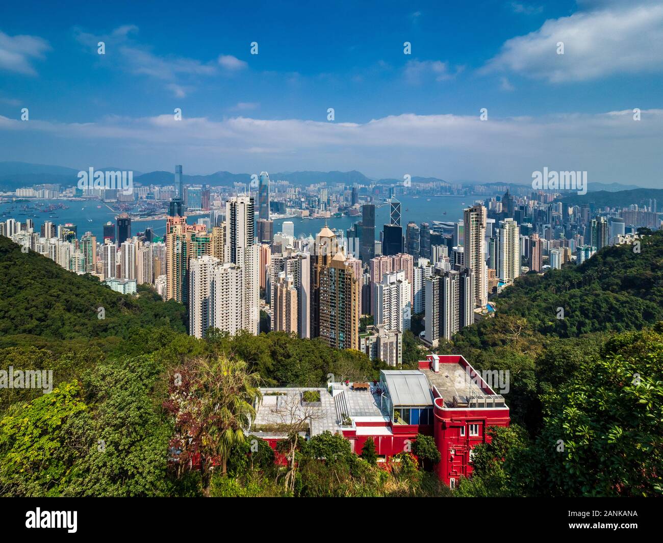 Hong Kong Peak View - view from Victoria Peak over Hong Kong Island and Kowloon Stock Photo