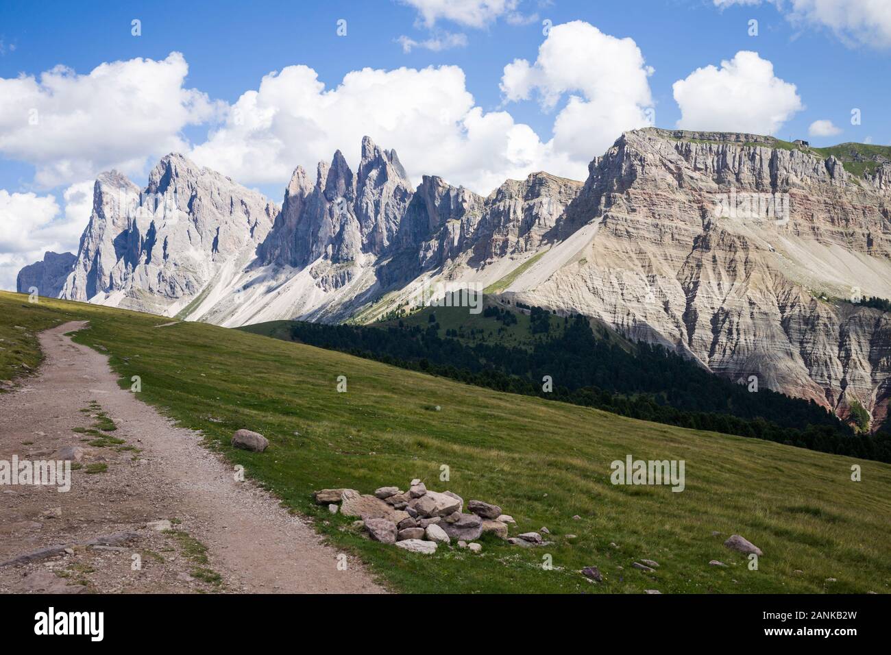 View towards Seceda and Sass Rigais from Resciesa / Ciampanil de Cuecnes, near Ortisei, in the Dolomites, South Tyrol, Italy. Stock Photo