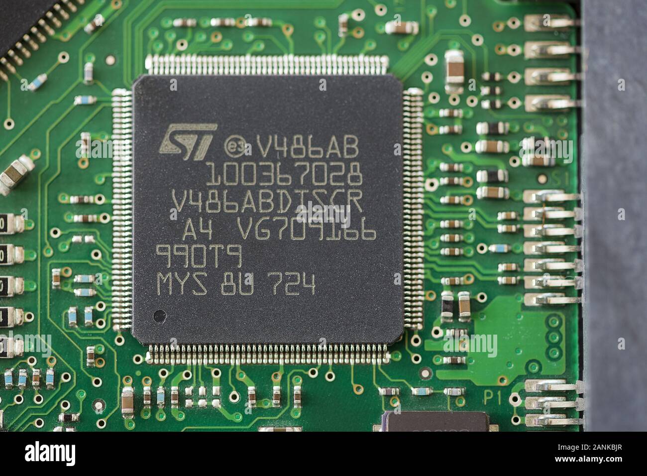 TIMISOARA, ROMANIA - MARCH 30, 2019: Close-up of a STMicroelectronics microprocessor. Micro controller. Stock Photo