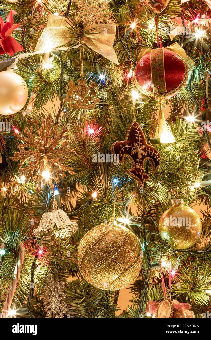 Christmas Tree with Ornaments and Lights Stock Photo - Alamy