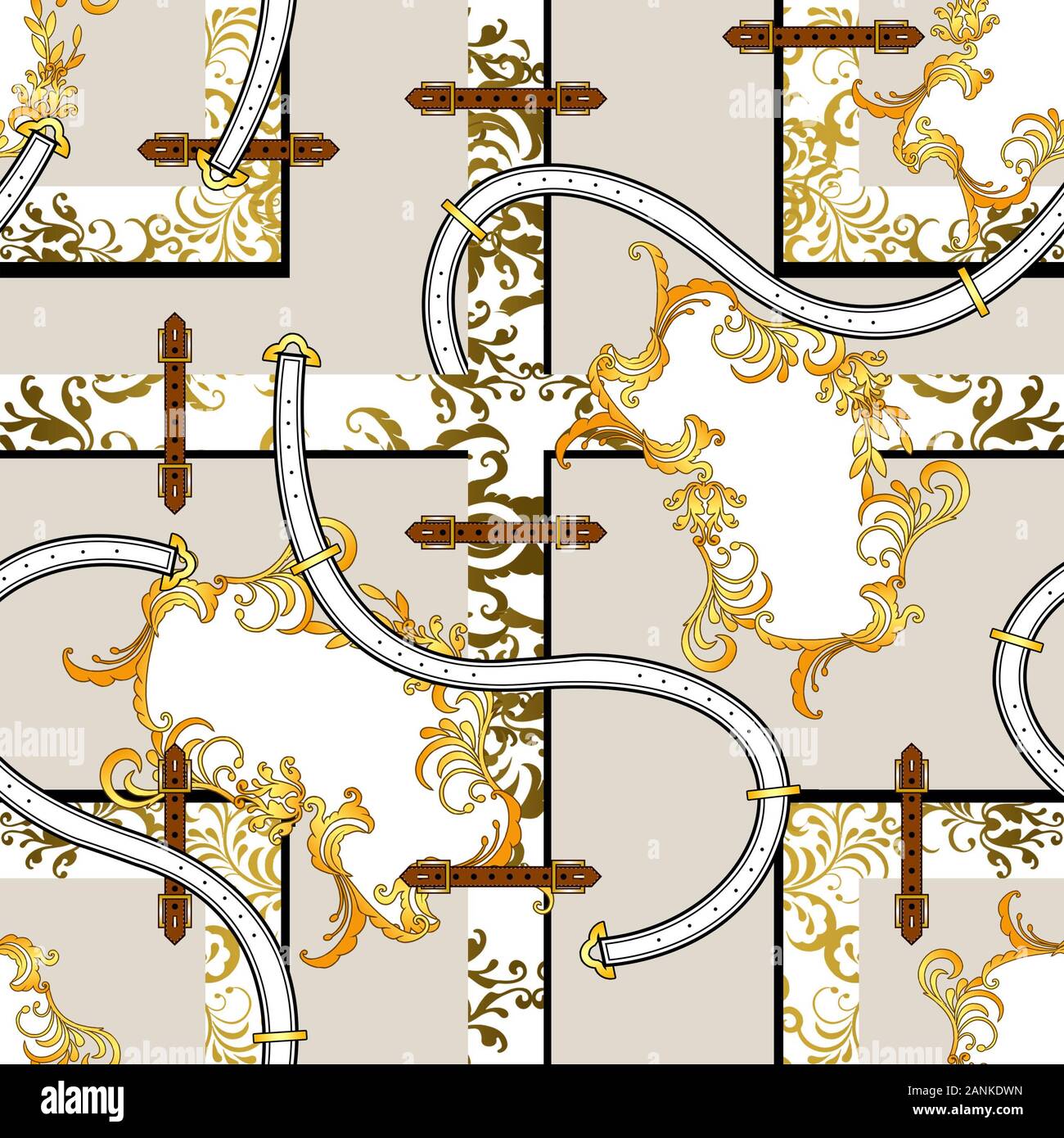 Gold baroque pattern with floral pattern, belts. Geometric background. Seamless paisley print for fabric. Fashion elements. Textile figures. Stock Photo