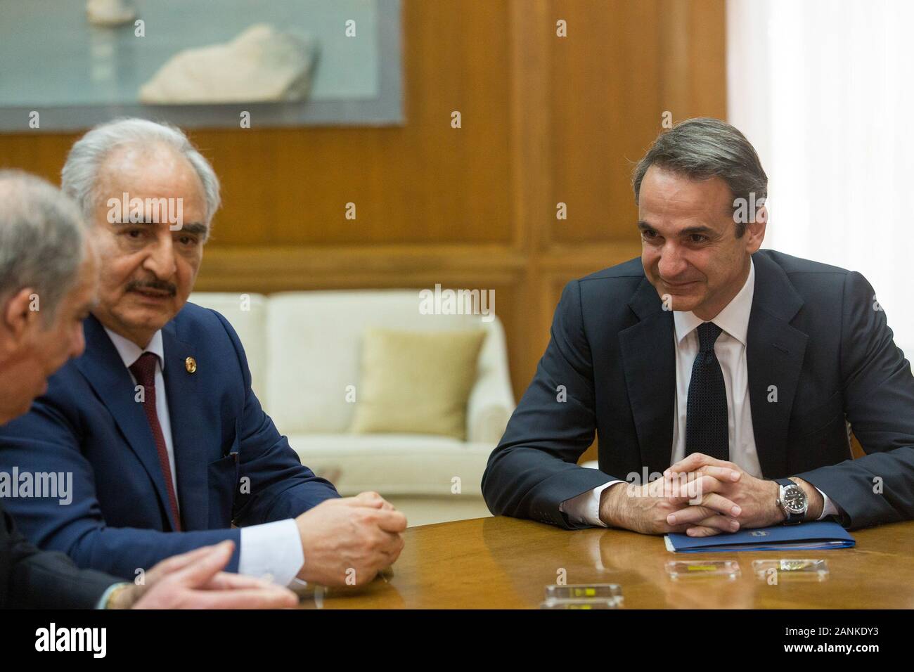 Athens, Greece. 17th Jan, 2020. Greek Prime Minister Kyriakos Mitsotakis (1st R) meets with Khalifa Haftar (2nd R), commander of the Libyan National Army (LNA), in Athens, Greece, on Jan. 17, 2020. Greece is ready to help Libya going forward once a solution is found to the conflict there, Greek Foreign Minister Nikos Dendias told the press here on Friday following his meeting with Khalifa Haftar, commander of the Libyan National Army (LNA). Credit: Marios Lolos/Xinhua/Alamy Live News Stock Photo