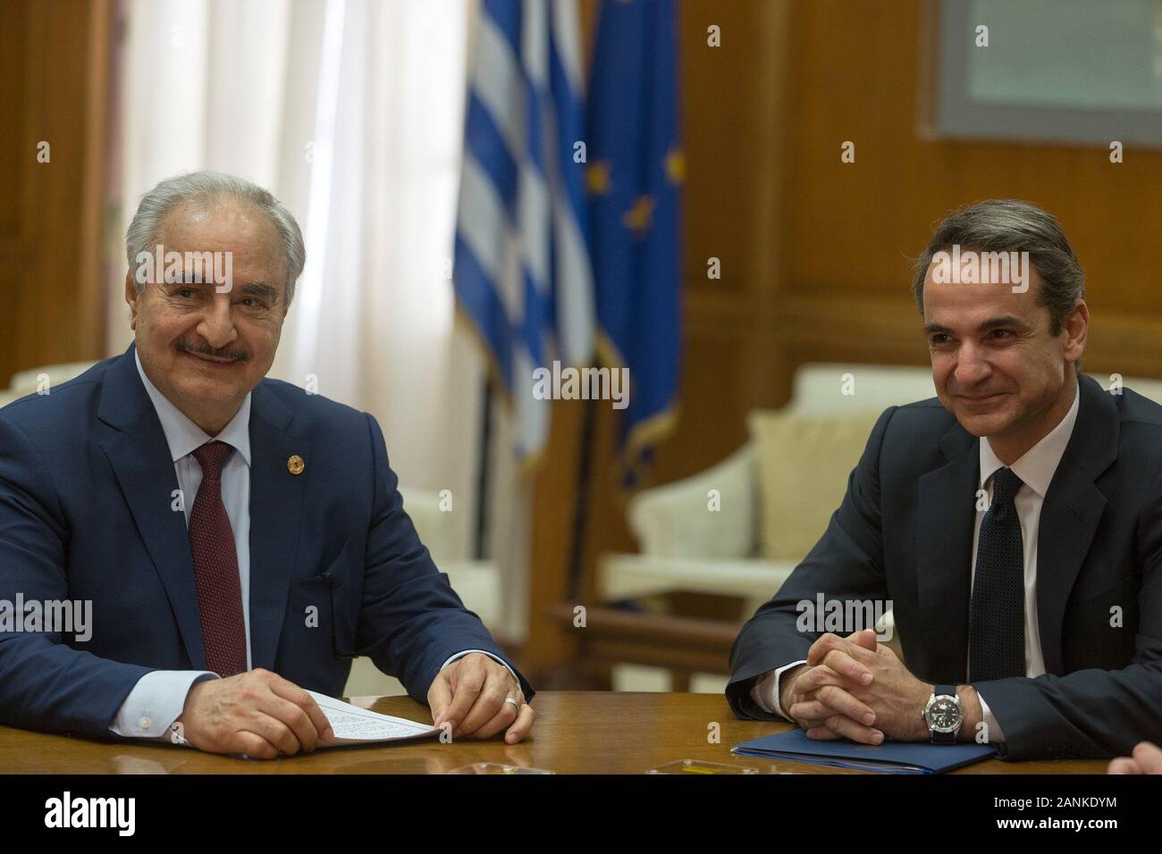 Athens, Greece. 17th Jan, 2020. Greek Prime Minister Kyriakos Mitsotakis (R) meets with Khalifa Haftar, commander of the Libyan National Army (LNA), in Athens, Greece, on Jan. 17, 2020. Greece is ready to help Libya going forward once a solution is found to the conflict there, Greek Foreign Minister Nikos Dendias told the press here on Friday following his meeting with Khalifa Haftar, commander of the Libyan National Army (LNA). Credit: Marios Lolos/Xinhua/Alamy Live News Stock Photo