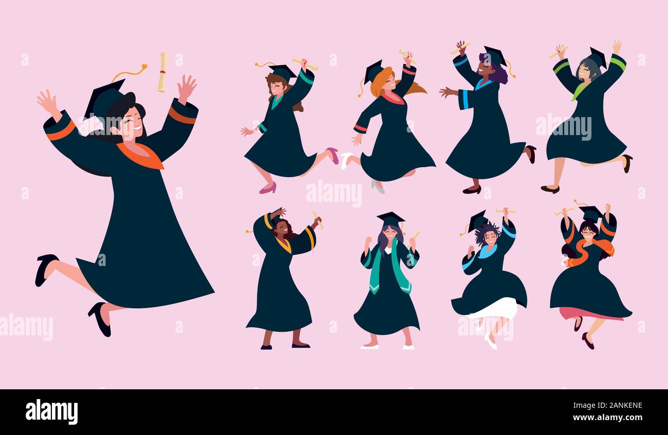 set of woman students, university graduation vector illustration design ...