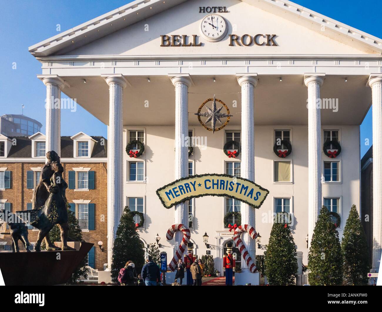 Rust, Germany - 01/06/2020: Entrance of the four stars superior hotel 'Bell Rock' in the europa Park in at christmas in the winter season Stock Photo