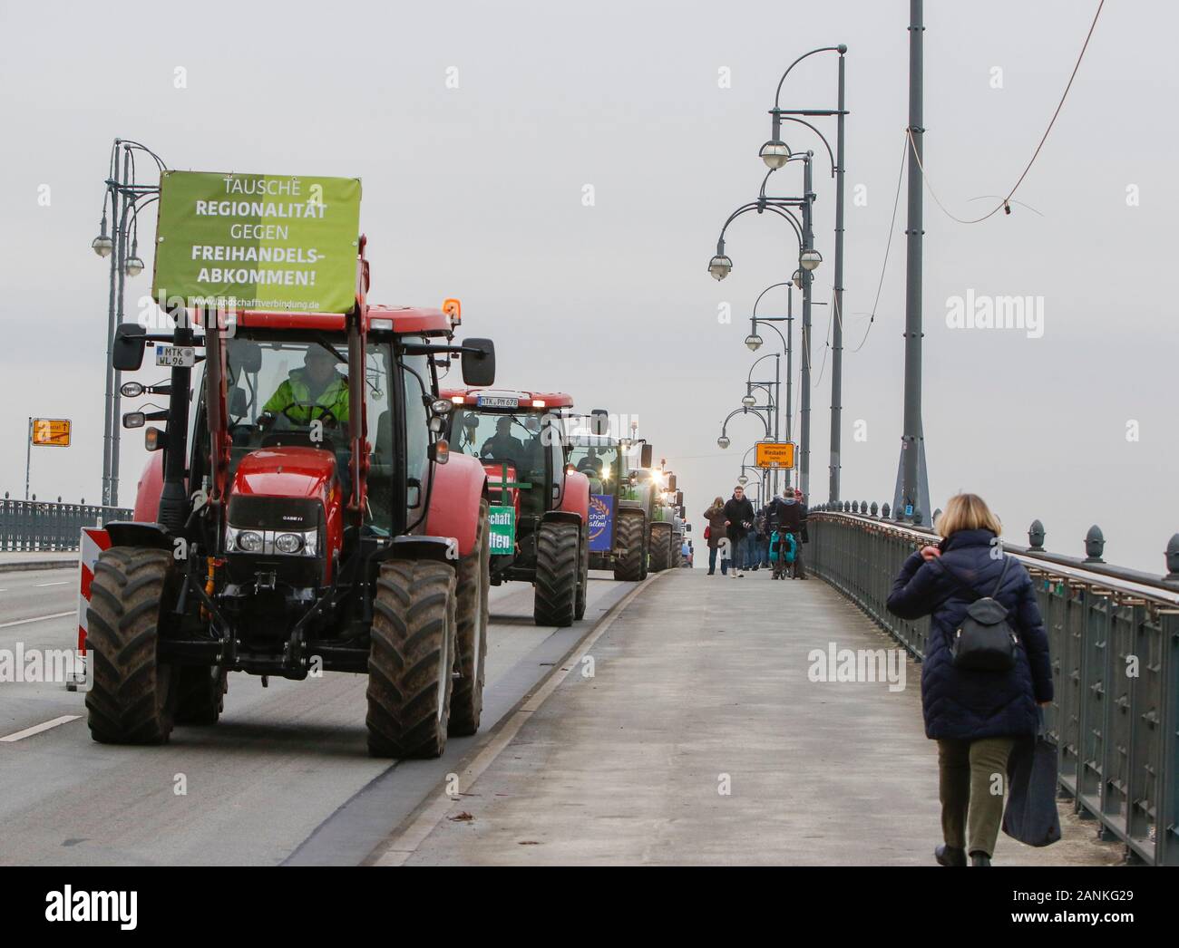 Mainz, Germany. 17th January 2020. Tractors cross the Theodor-Heuss-Bridge from Hesse into Mainz. A poster that reads “Exchange regionality for free trade agreement” hangs on the front of a tractor. Over 800 farmers with their tractor protested outside the ZDF TV station in Mainz against the media reporting of the agricultural politics. Afterwards they try to create the world wide longest mobile tractor chain by driving from the TV station through Rhenish Hesse, to protest against the new fertiliser regulations. Stock Photo