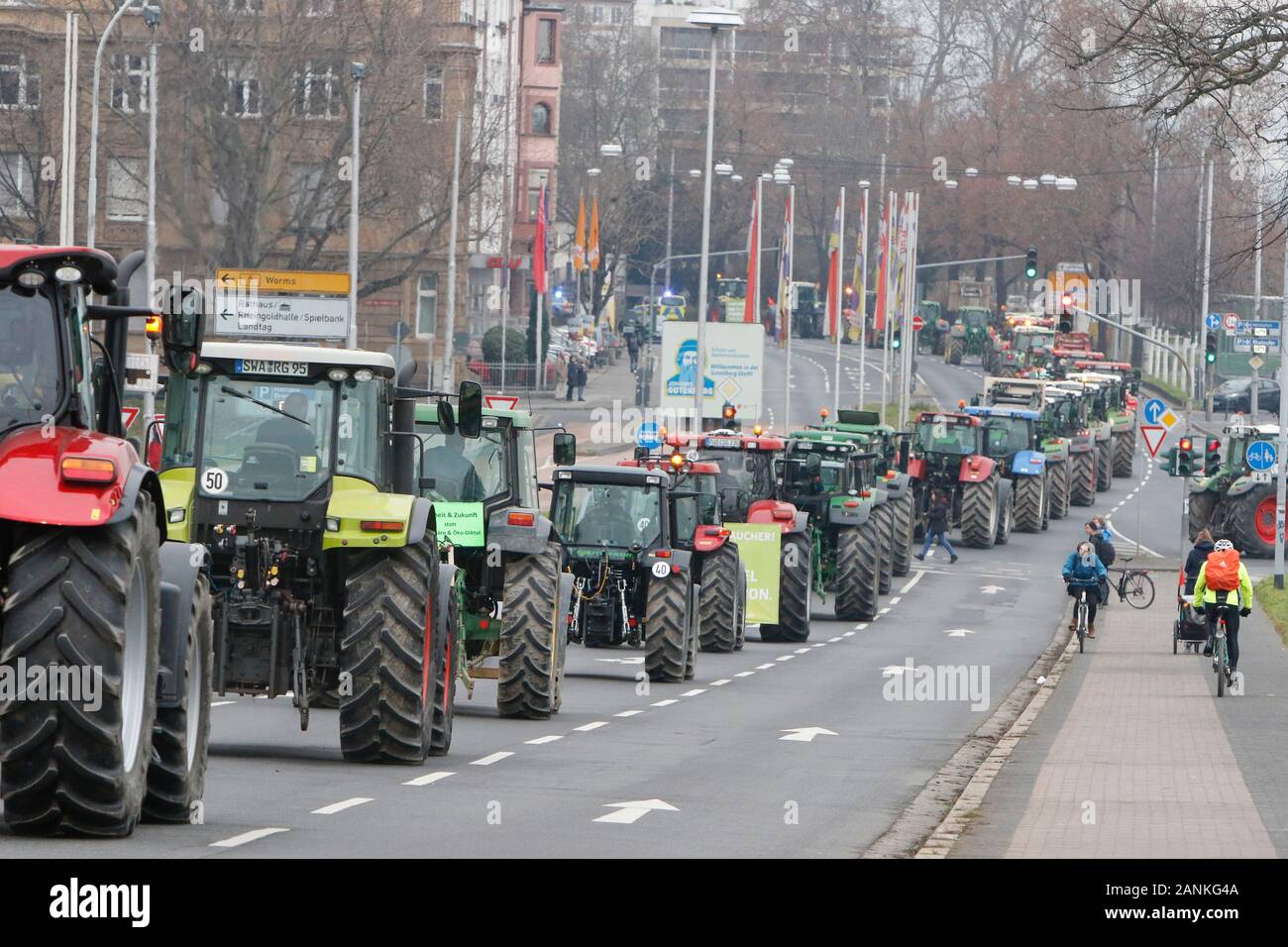 Mainz, Germany. 17th January 2020. Tractors cross the Theodor-Heuss-Bridge from Hesse into Mainz. Over 800 farmers with their tractor protested outside the ZDF TV station in Mainz against the media reporting of the agricultural politics. Afterwards they try to create the world wide longest mobile tractor chain by driving from the TV station through Rhenish Hesse, to protest against the new fertiliser regulations. Stock Photo