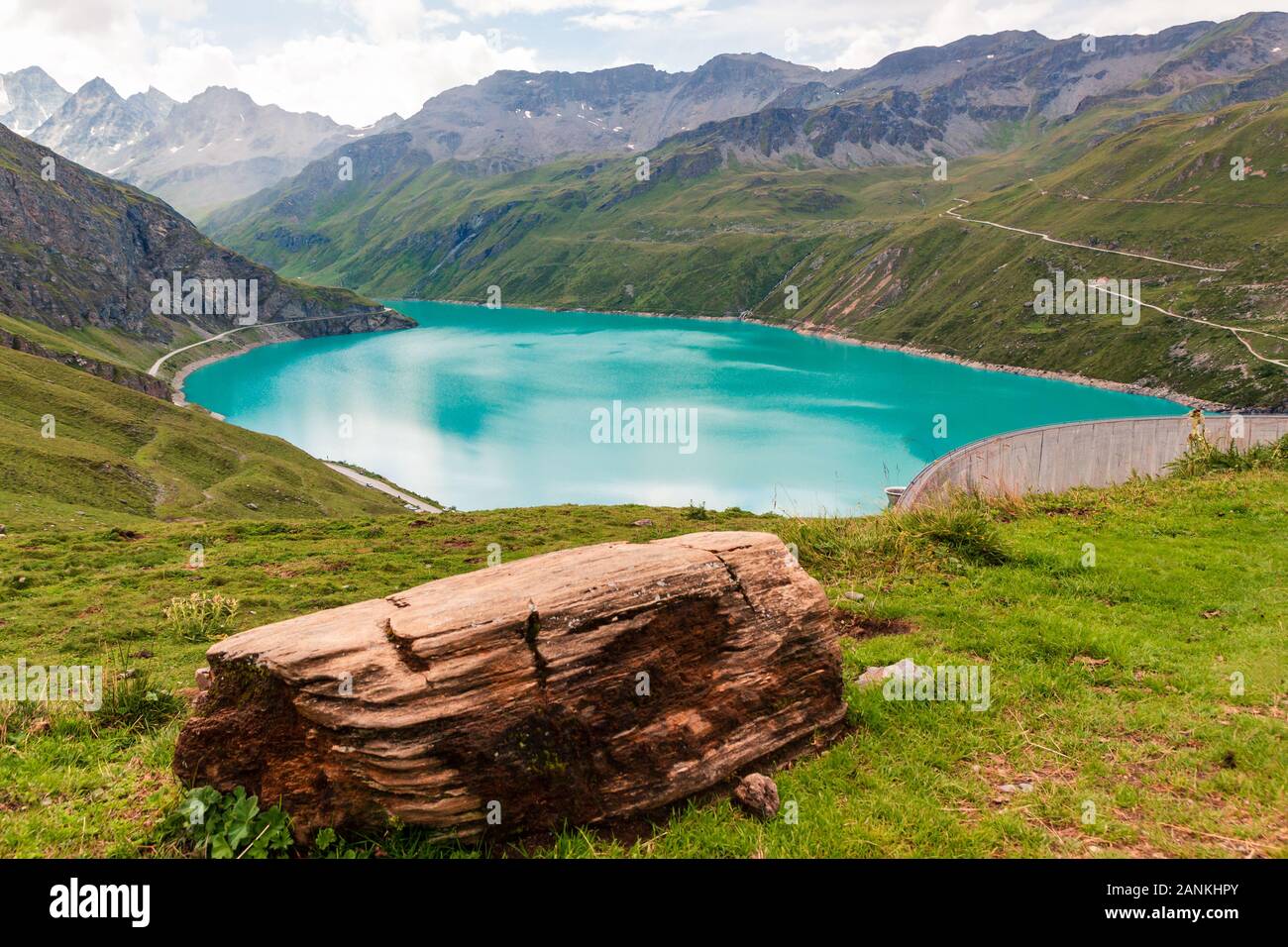 Spectacular view on the Lac de Moiry in the Pennine Alps on a cloudy summer day. Grimentz, Valais, Switzerland Stock Photo