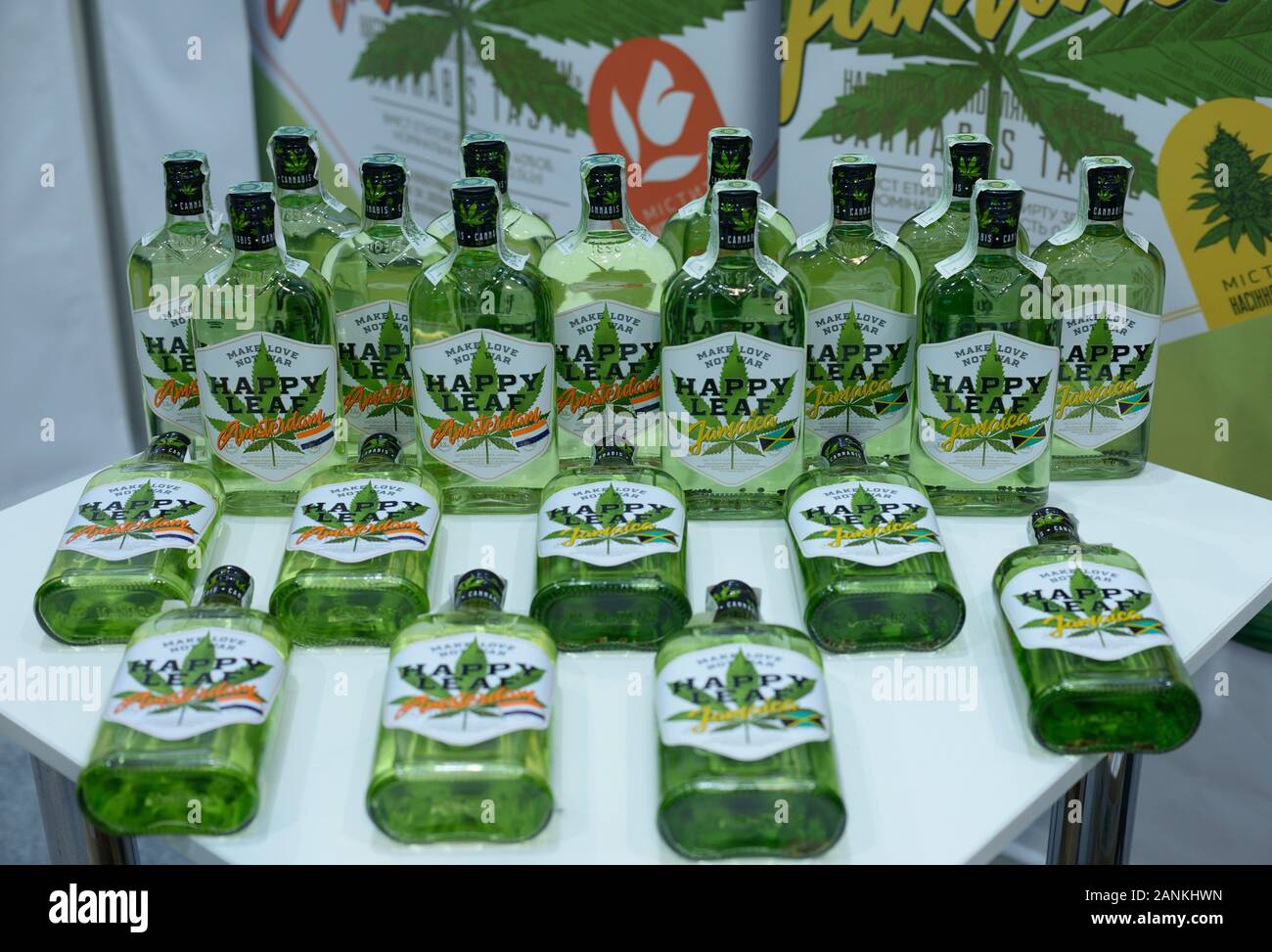 Bottles with made in Ukraine vodka (alcohol drink) containing cannabis oil, placed on a stand. Cannabis fair. October 11, 2019. Kiev, Ukraine Stock Photo