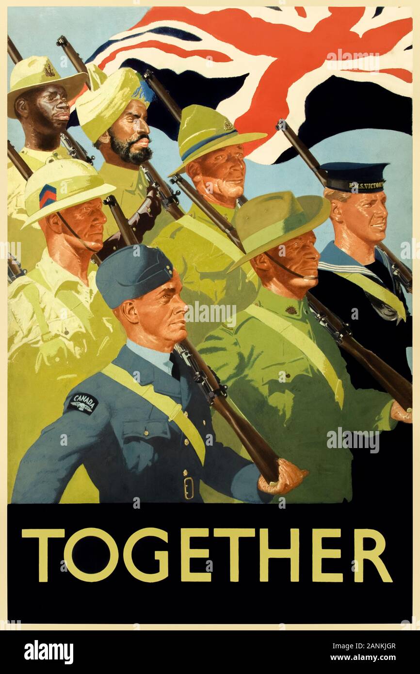 Together 1939 poster showing troops from the British Empire and Commonwealth poster marching together under the Union Jack. Troops shown: 1st (Nyasaland, now Malawi) Battalion King's African Rifles; Sikh soldier from India; New Zealand soldier; British Royal Navy, British army; Royal Canadian Air Force and Australian soldier. Stock Photo