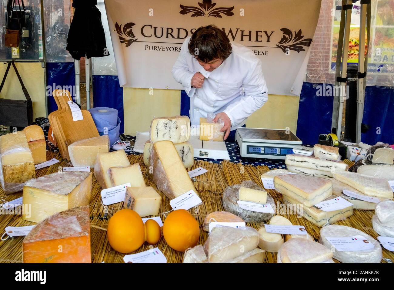 Cheese seller, Market day, Stratford upon Avon, Warwickshire, England, UK Stock Photo