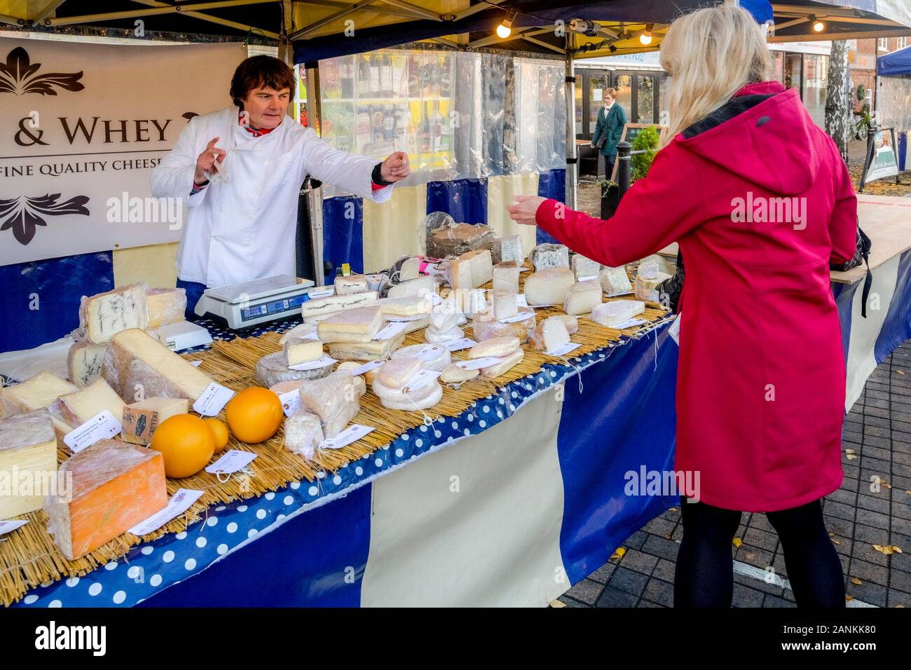 Cheese seller, Market day, Stratford upon Avon, Warwickshire, England, UK Stock Photo