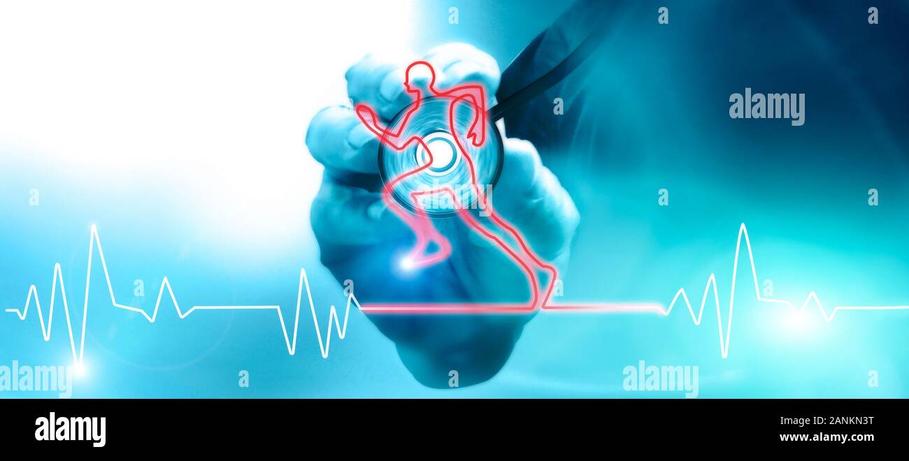 Heart beat in the shape of a running athlete. The stethoscope is an