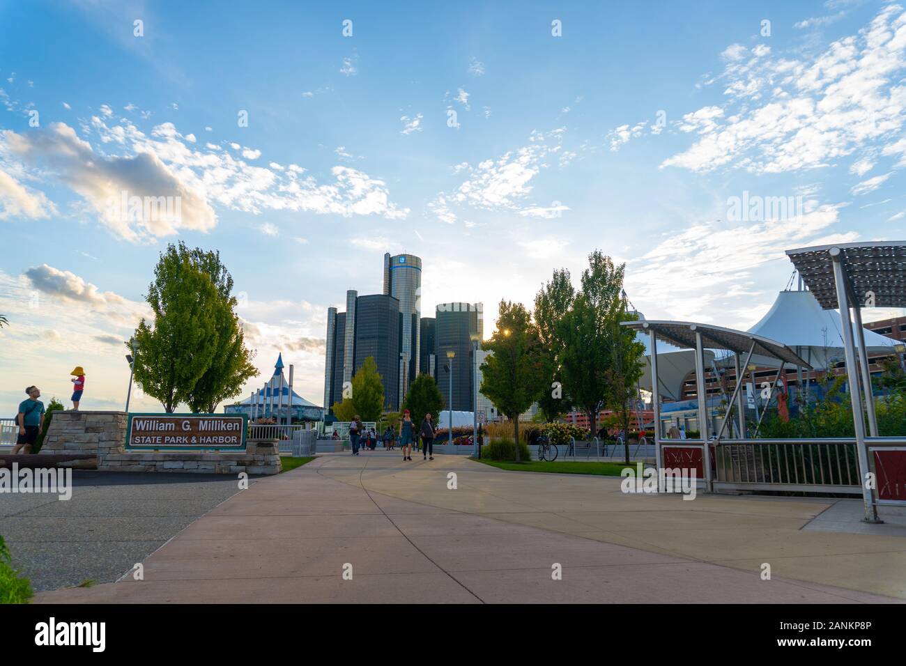 Detroit, Mi - September 7, 2019: People enjoying the recent instillation of the Millikan state park and riverwalk leading up to downtown detroit Stock Photo