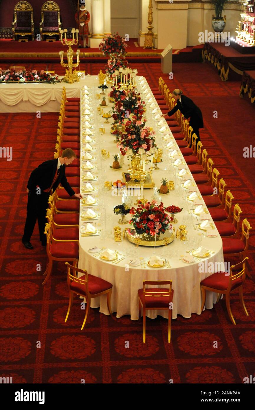 The Grand Ballroom at Buckingham Palace in London being laid out for a