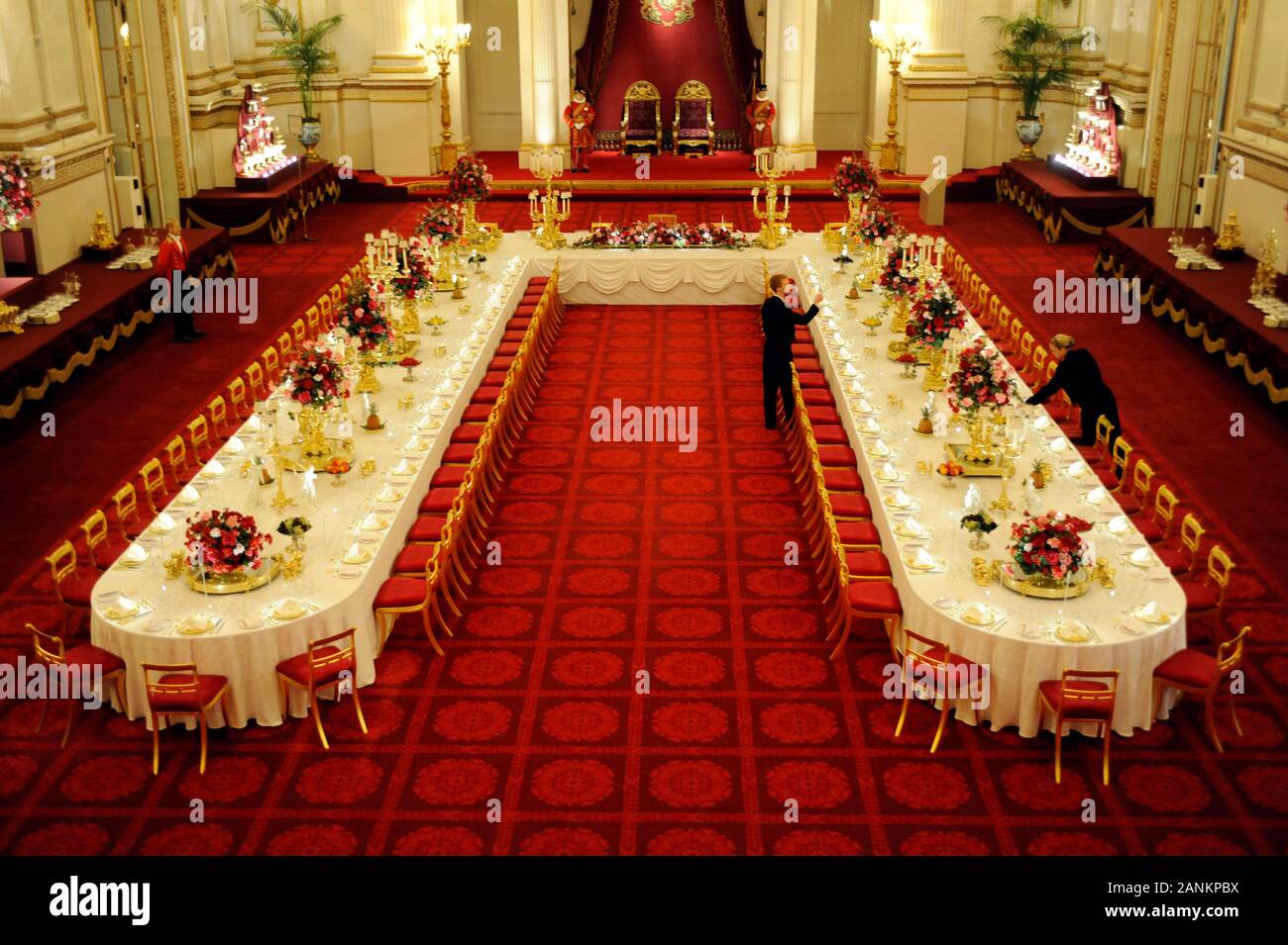 The Ballroom at Buckingham palace in London England set up for a State