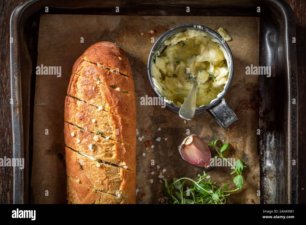 Homemade and hot garlic bread with thyme and salt Stock Photo Alamy